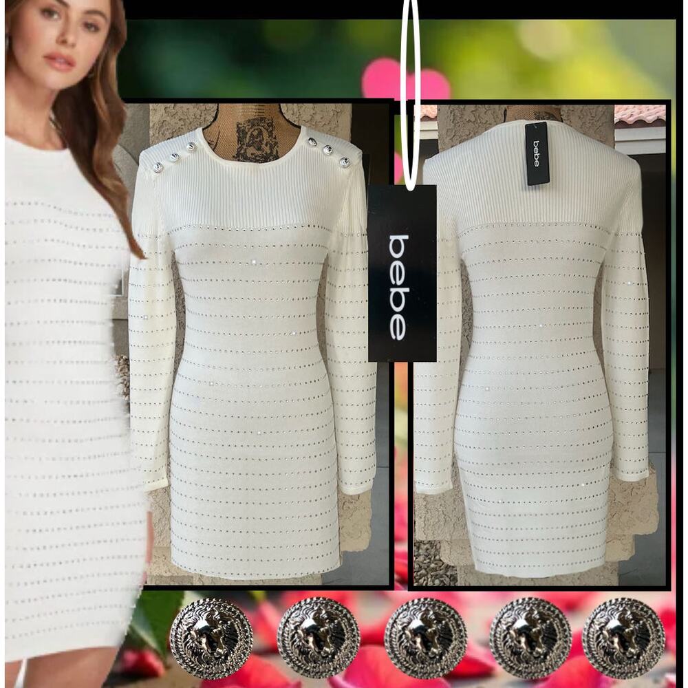 Bebe Women's Anastasia Crystal Sweater Dress White/Silver Size Small NWT